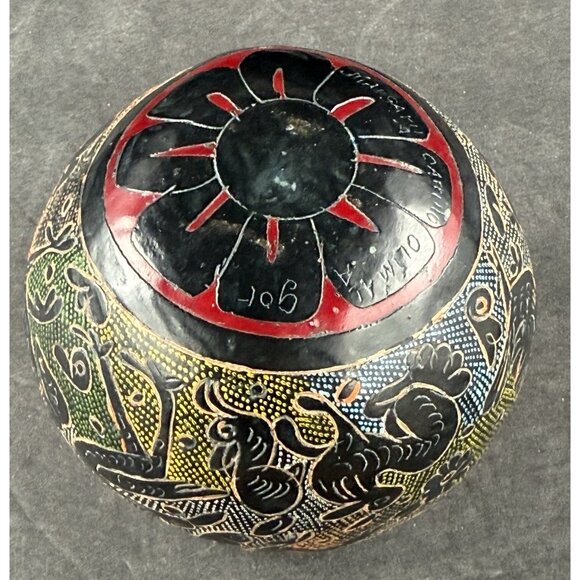 Hand Carved Colorful Gourd Bowl Folk Art Birds Decorative Signed - Picture 5 of 9